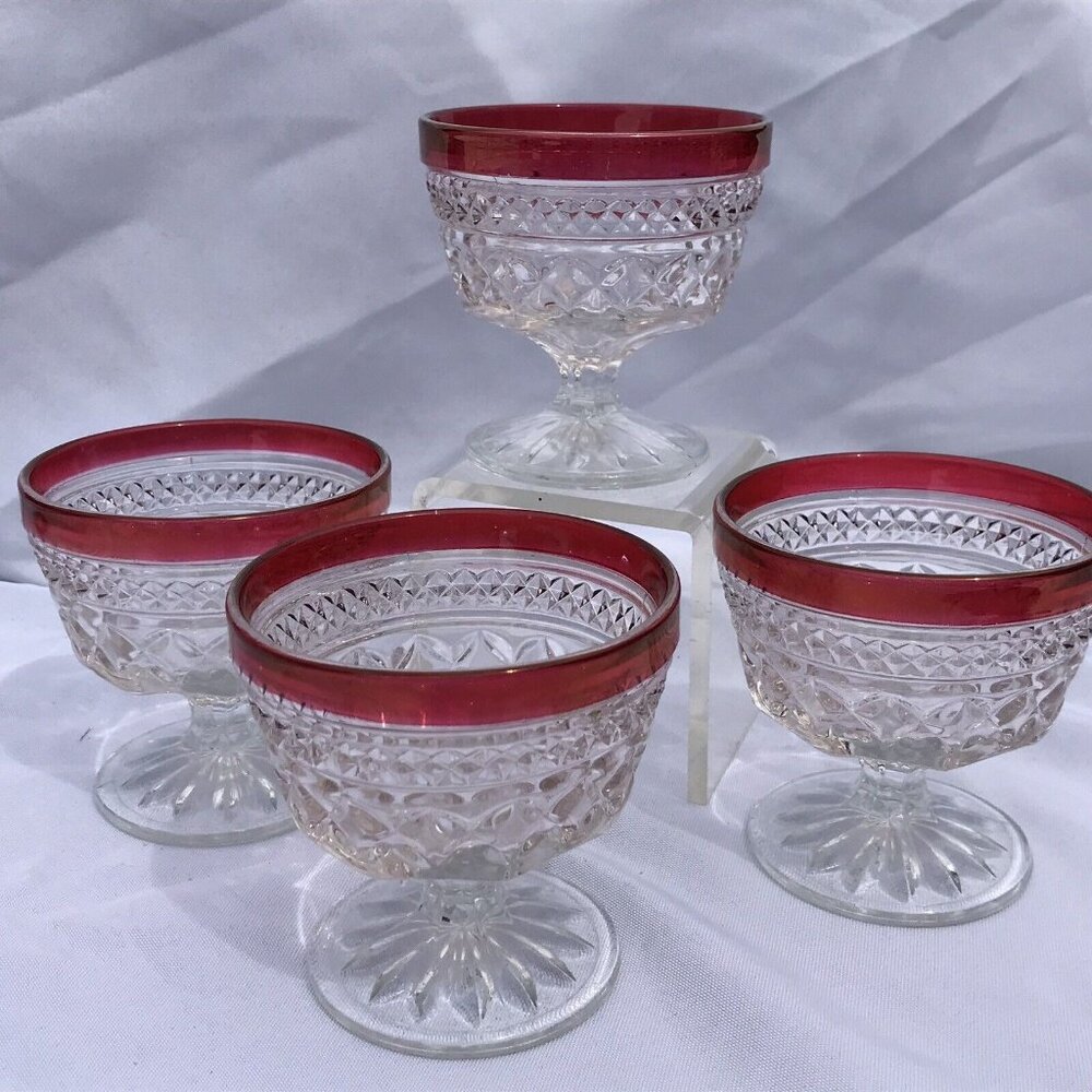Vtg Kings Crown Flash Ruby Glass Thumbprint Tiffin Franciscan Goblet Desert Set